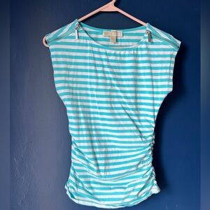 Michael Kors Top Womens Small Blue White Striped Zip Shoulder Ruched Stretch